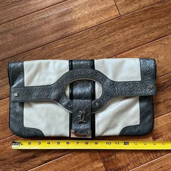 L.A.M.B Metallic Leather Carlisle Foldover Convertible Clutch, Ivory and Gray - Picture 6 of 11